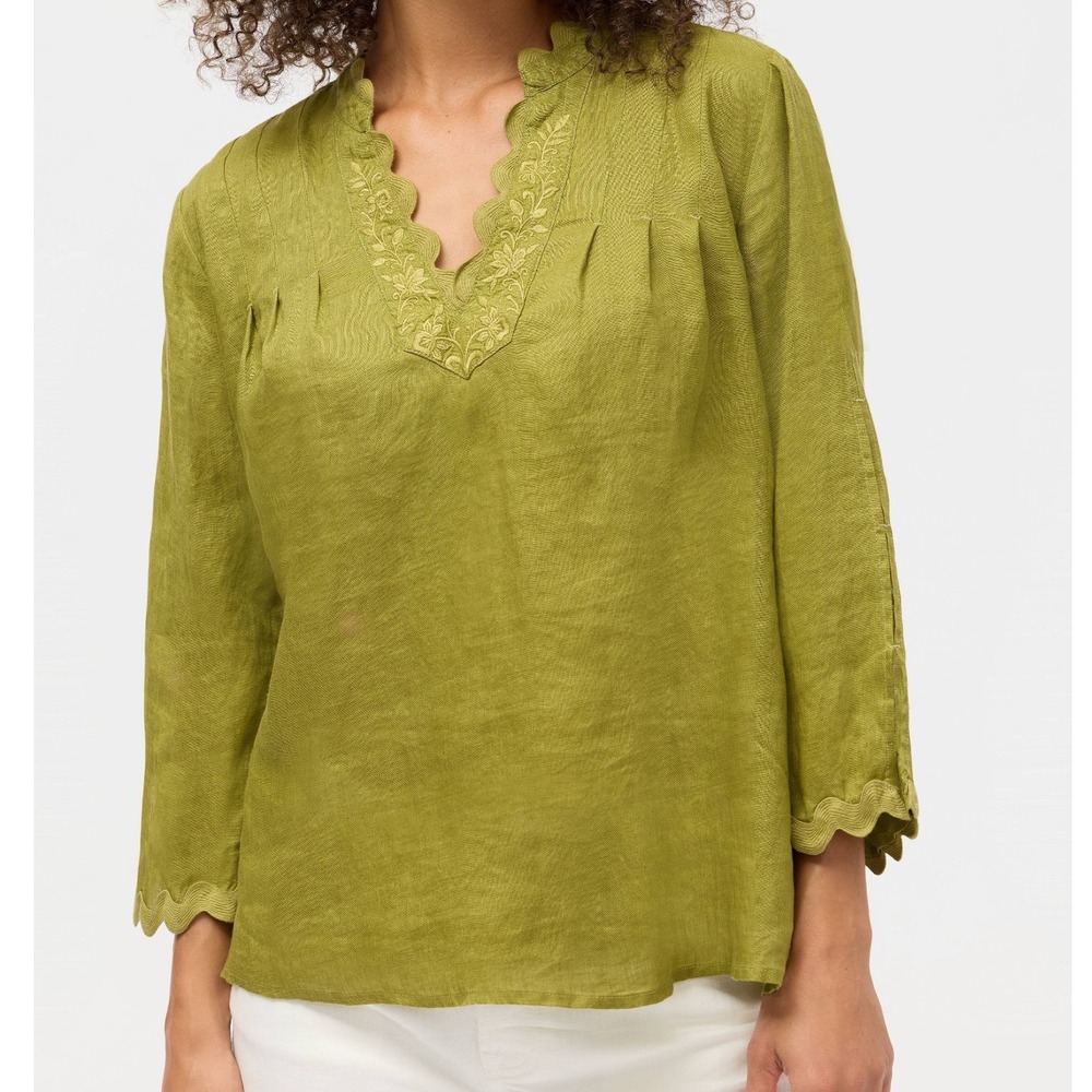 JOHNNY WAS Blouse Women Medium Green Linen Embroidered V-Neck Calme Boho Top